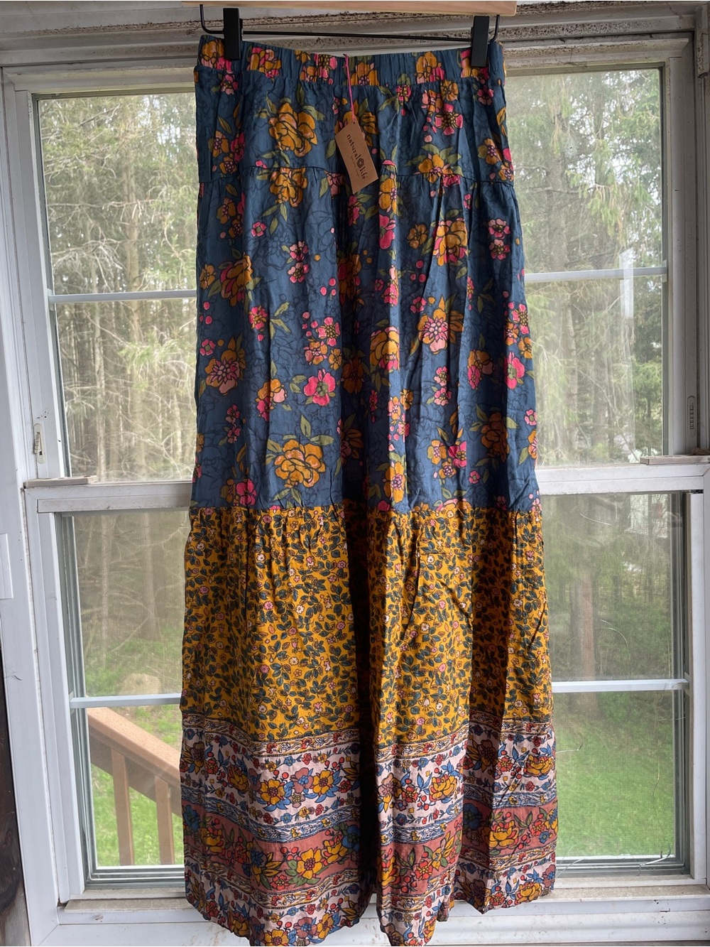 Natural Life Bohemian Floral Tiered Maxi Skirt - Blue & Mustard